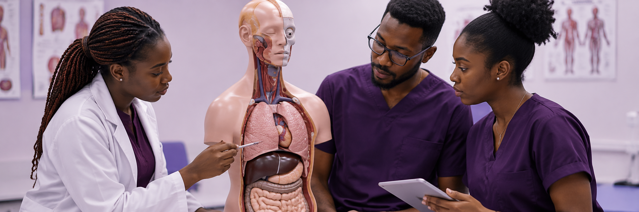 Medical students learning with an anatomy model